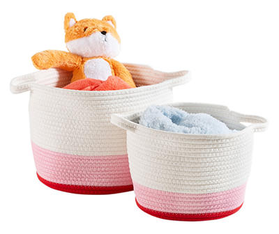 White, Pink & Red Cotton Rope 2-Piece Nesting Storage Basket Set
