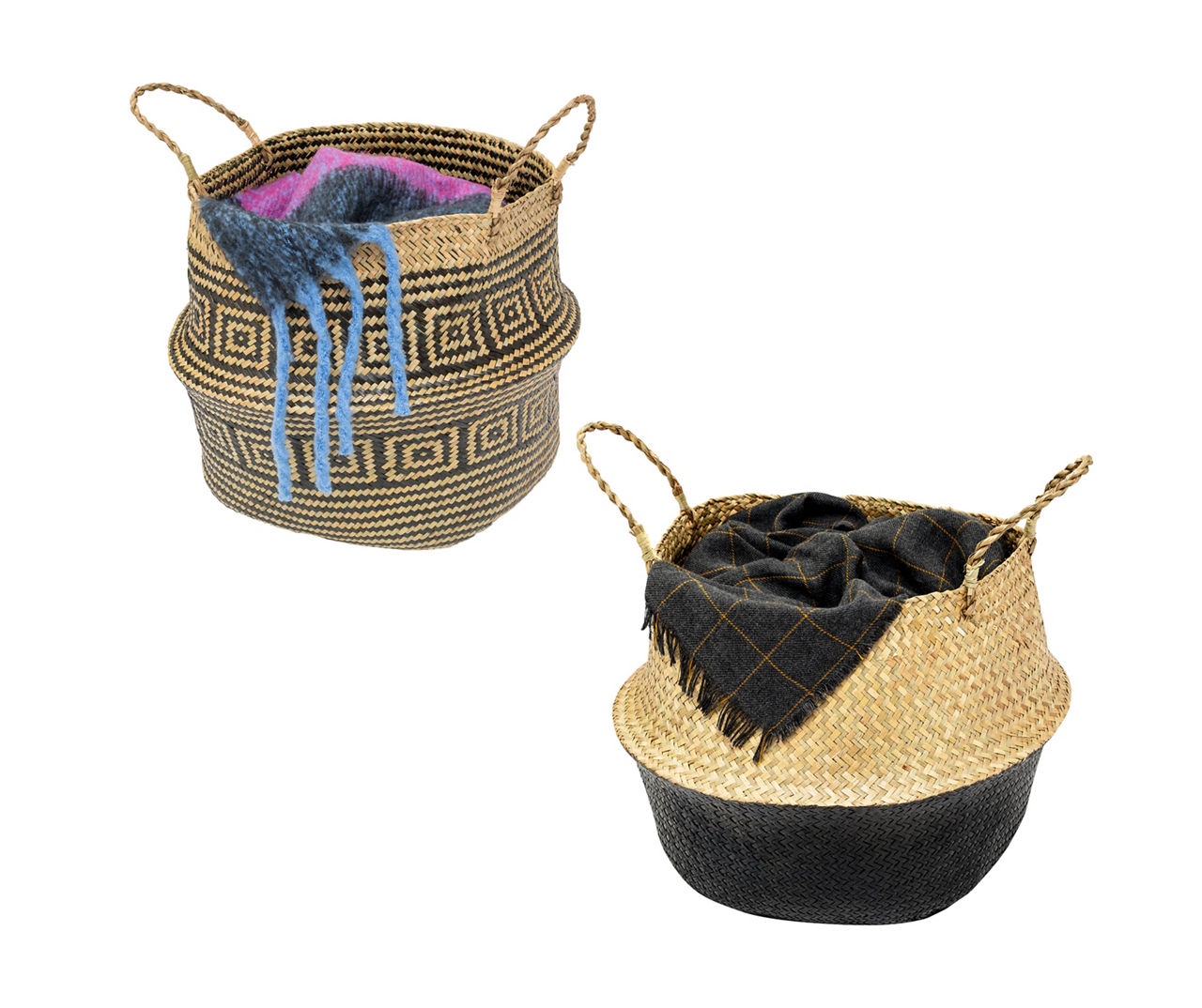 Natural & Black 2-Piece Folding Belly Storage Basket Set