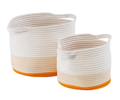 White & Orange Cotton Rope 2-Piece Nesting Storage Basket Set