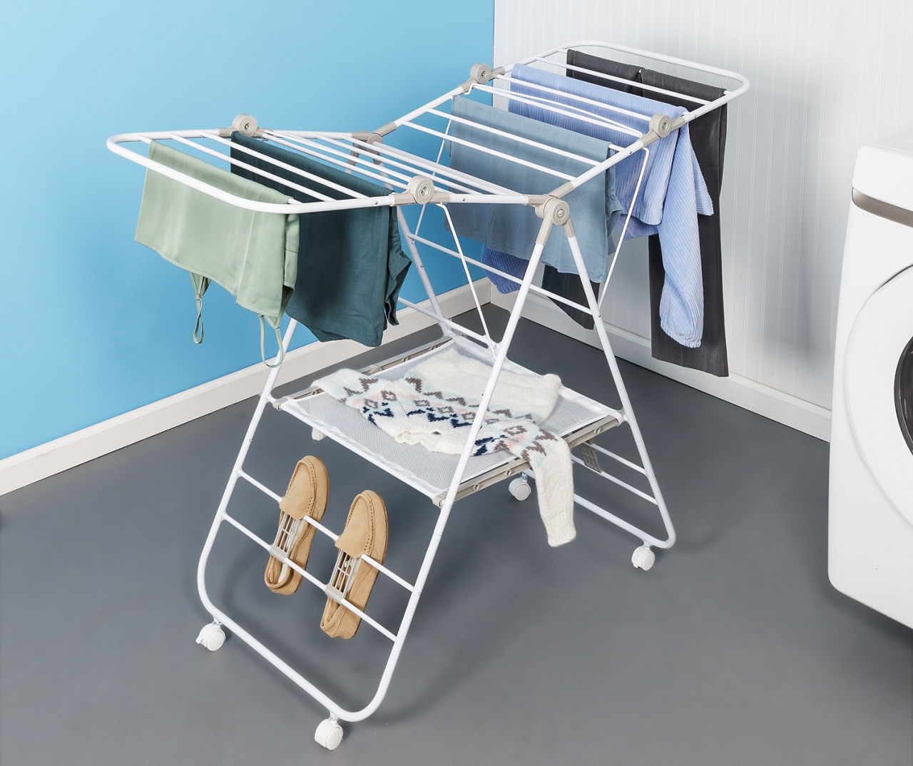 White Expandable Folding-Wing Wheeled Drying Rack