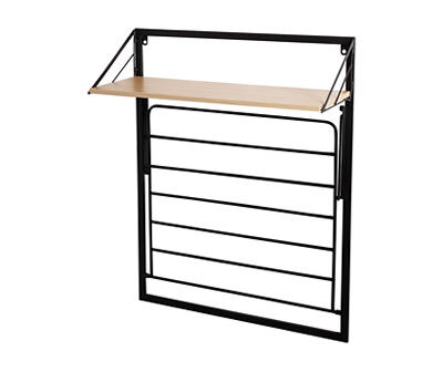 Black & Maple-Finish Wall-Mounted Drying Rack With Shelf