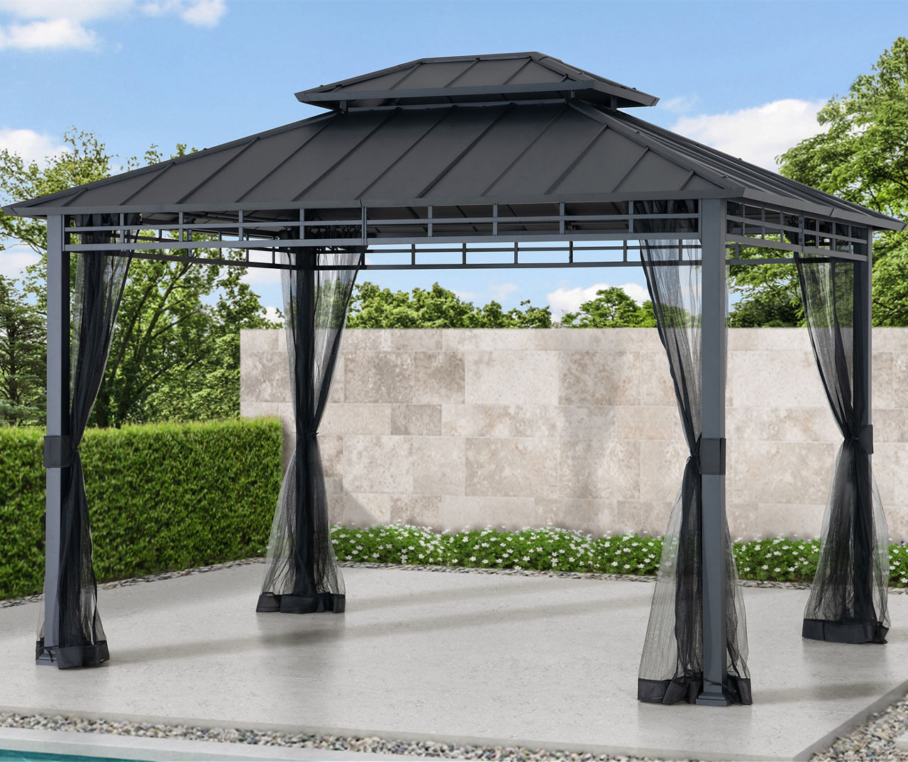 Aoxun 10'x13' Hardtop Gazebo, Outdoor Polycarbonate Double Roof Gazebo with  Aluminum Frame Permanent Pavilion and Curtains & Netting for Backyard