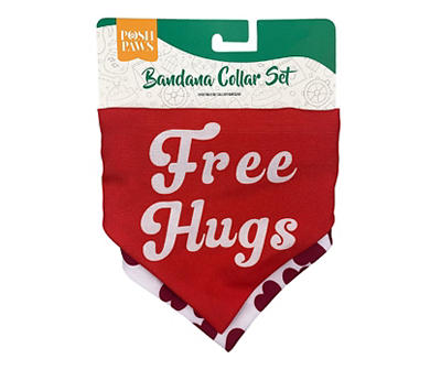 Pet Small/Medium "Free Hugs" Red Hearts 2-Piece Bandana Collar Set