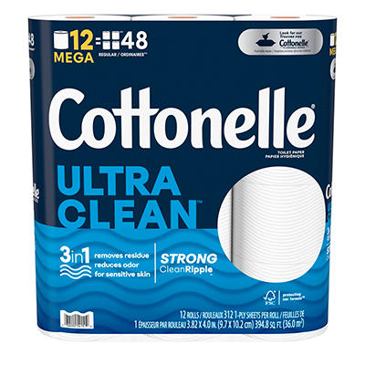 Cottonelle Ultra Clean Toilet Paper, Strong Bath Tissue, 12 Mega Rolls (12 Mega Rolls = 48 regular rolls), 312 Sheets per Roll
