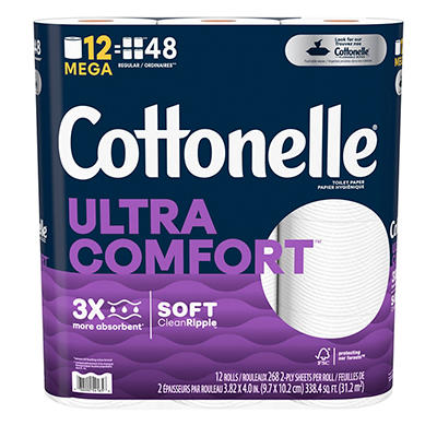 Cottonelle Ultra Comfort Toilet Paper, Strong Bath Tissue, 12 Mega Rolls (12 Mega Rolls = 48 regular rolls), 268 Sheets per Roll