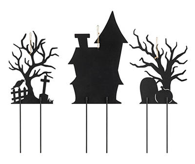 Haunted House, Pumpkin & Graveyard 3-Piece Yard Stake Set