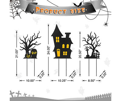 Haunted House, Pumpkin & Graveyard 3-Piece Yard Stake Set