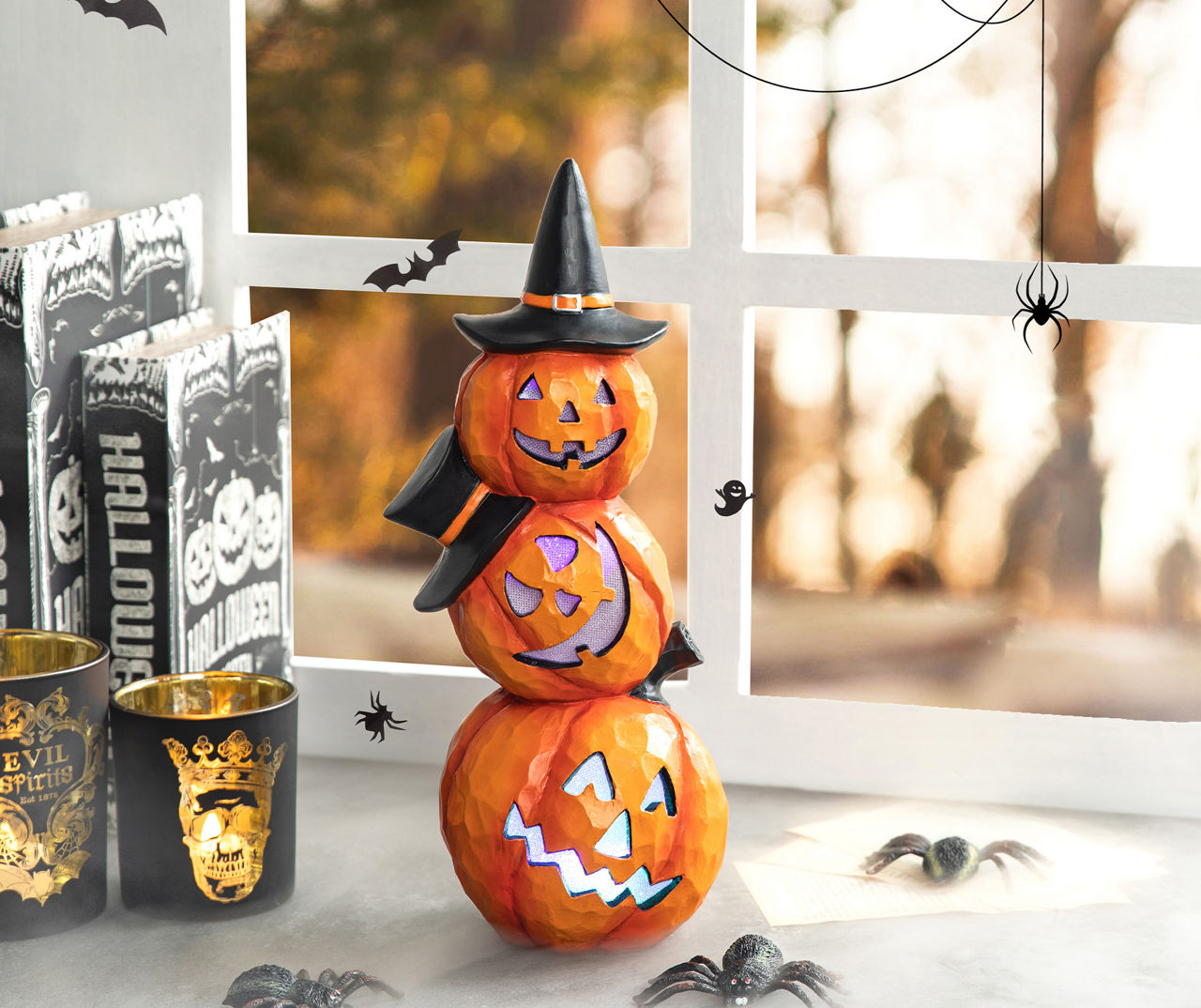 Witch Hat Pumpkin Stack Flashing LED Tabletop Decor