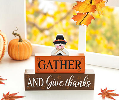 "Gather & Give Thanks" Pilgrim Block Stack Tabletop Decor