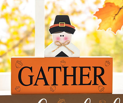 "Gather & Give Thanks" Pilgrim Block Stack Tabletop Decor