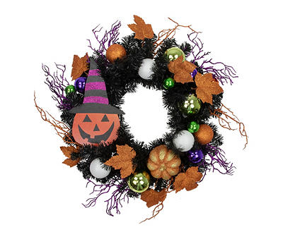 24" Jack O'Lantern Witch Hat, Ornament & Leaf Wreath