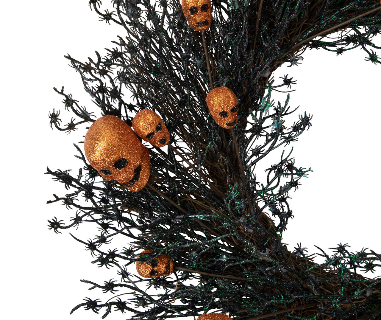 22" Orange Glitter Skull & Black Spider Twig Wreath