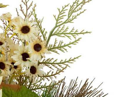 White Sunflower, Berry & Pine Needle Floral Arrangement