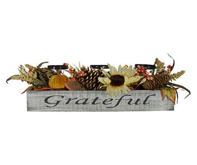 Sunflower, Pumpkin & Pinecone 3-Tier Candle Holder in "Grateful" Whitewash
