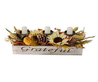 Sunflower, Pumpkin & Pinecone 3-Tier Candle Holder in "Grateful" Whitewash