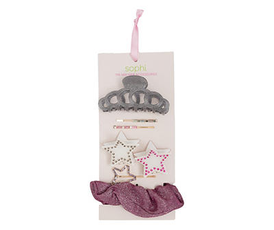 Gray & Pink Shimmer Star 7-Piece Mixed Hair Clip & Scrunchie Set