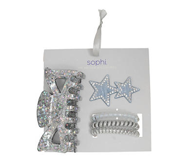 Silver Shimmer Star 5-Piece Mixed Claw Clip & Spiral Tie Set