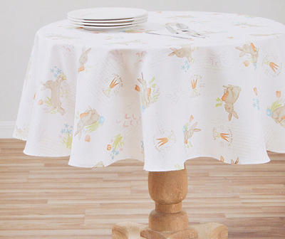White & Brown Spring Bunny Round Fabric Tablecloth, (60")