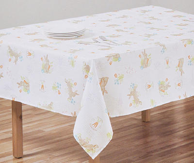 White & Brown Spring Bunny Fabric Tablecloth, (52" x 70")
