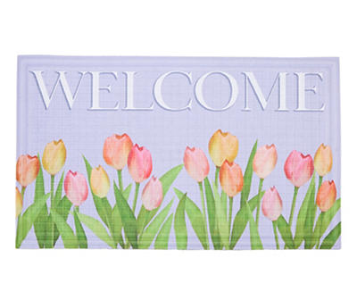 "Welcome" Blue Tulips Crumb Rubber Doormat