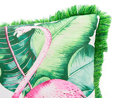 Tropical Floral & Flamingo Outdoor Throw Pillow