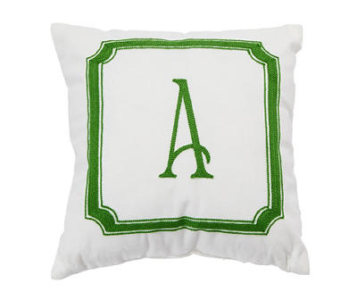 "A" White & Green Border Monogram Throw Pillow