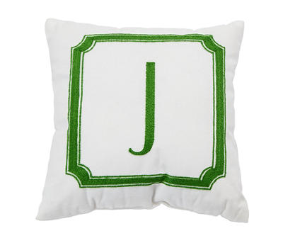 "J" White & Green Border Monogram Throw Pillow