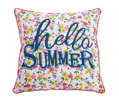 "Hello Summer" Flower Embroidered Outdoor Throw Pillow