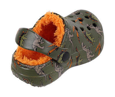 Toddler L Green Dino Print Faux Fur-Lined Clog