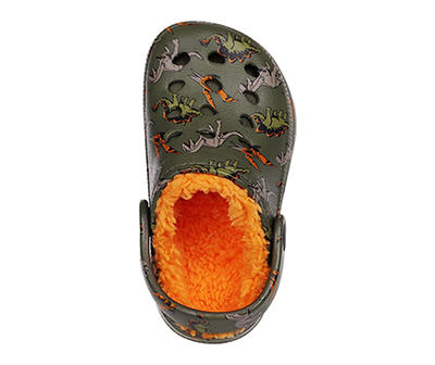 Toddler L Green Dino Print Faux Fur-Lined Clog