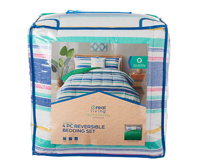 Tropicoastal Blue & Green Stripe Queen 4-Piece Comforter Set