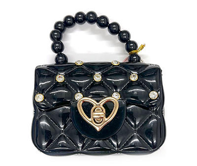 Black Rhinestone-Accent Quilted Jelly Heart Handbag