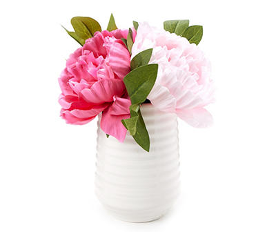 Artificial Pink Peonies in White Planter