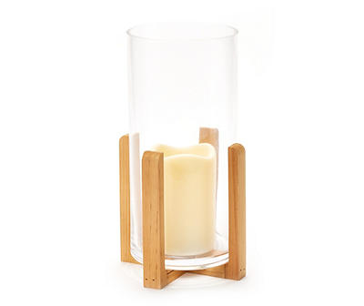 Wood & Glass Hurricane LED Pillar Candle Lantern