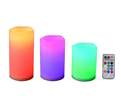 Color-Changing 3-Piece Pillar LED Candle Set with Remote