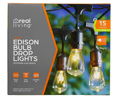Clear Edison Bulb Drop Light Set with Black Wire, 15-Lights