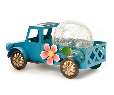 5.6" Blue Metal Truck & Crackle Ball LED Solar Garden Decor