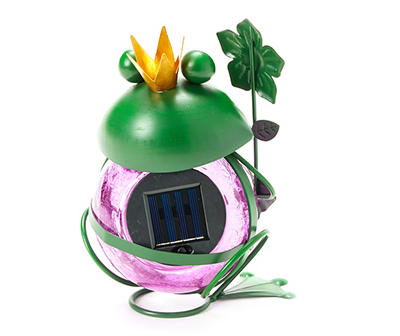 8.9" Frog Holding Flower LED Solar Crackle Ball Garden Decor