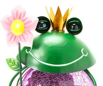 8.9" Frog Holding Flower LED Solar Crackle Ball Garden Decor