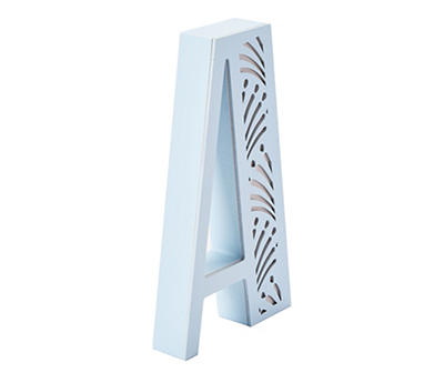 "A" Monogram Blue Carved Wood Tabletop Decor