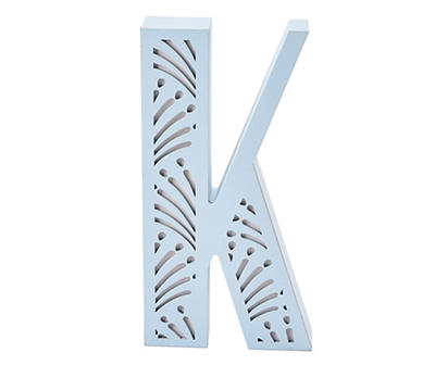 "K" Monogram Blue Carved Wood Tabletop Decor