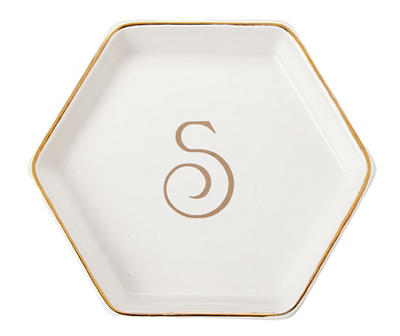 "S" Monogram Gold Foil & White Ceramic Jewelry Plate