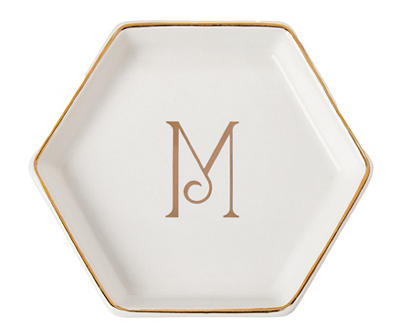 "M" Monogram Gold Foil & White Ceramic Jewelry Plate