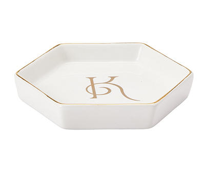 "K" Monogram Gold Foil & White Ceramic Jewelry Plate