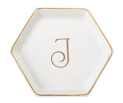 "J" Monogram Gold Foil & White Ceramic Jewelry Plate