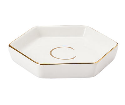 "C" Monogram Gold Foil & White Ceramic Jewelry Plate