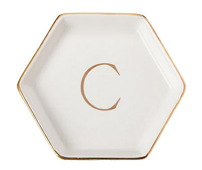 "C" Monogram Gold Foil & White Ceramic Jewelry Plate