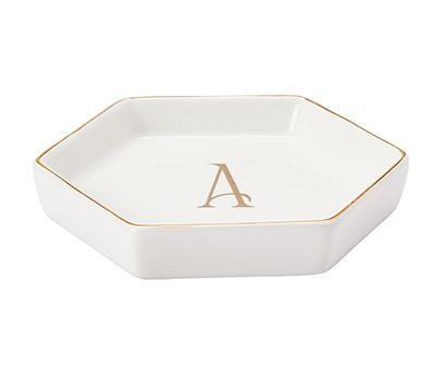 "A" Monogram Gold Foil & White Ceramic Jewelry Plate