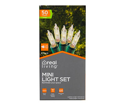 Clear Mini Light Set with Green Wire, 50-Lights
