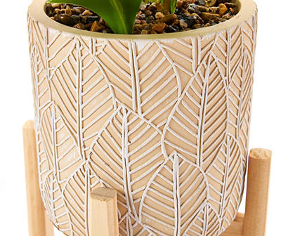 Artificial Greenery with Leaf Cement Planter & Wood Stand